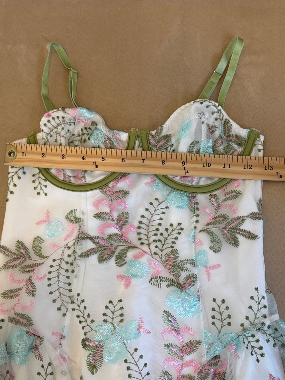 White Floral Embroidered Sundress with Green Trim - Picture 5 of 7